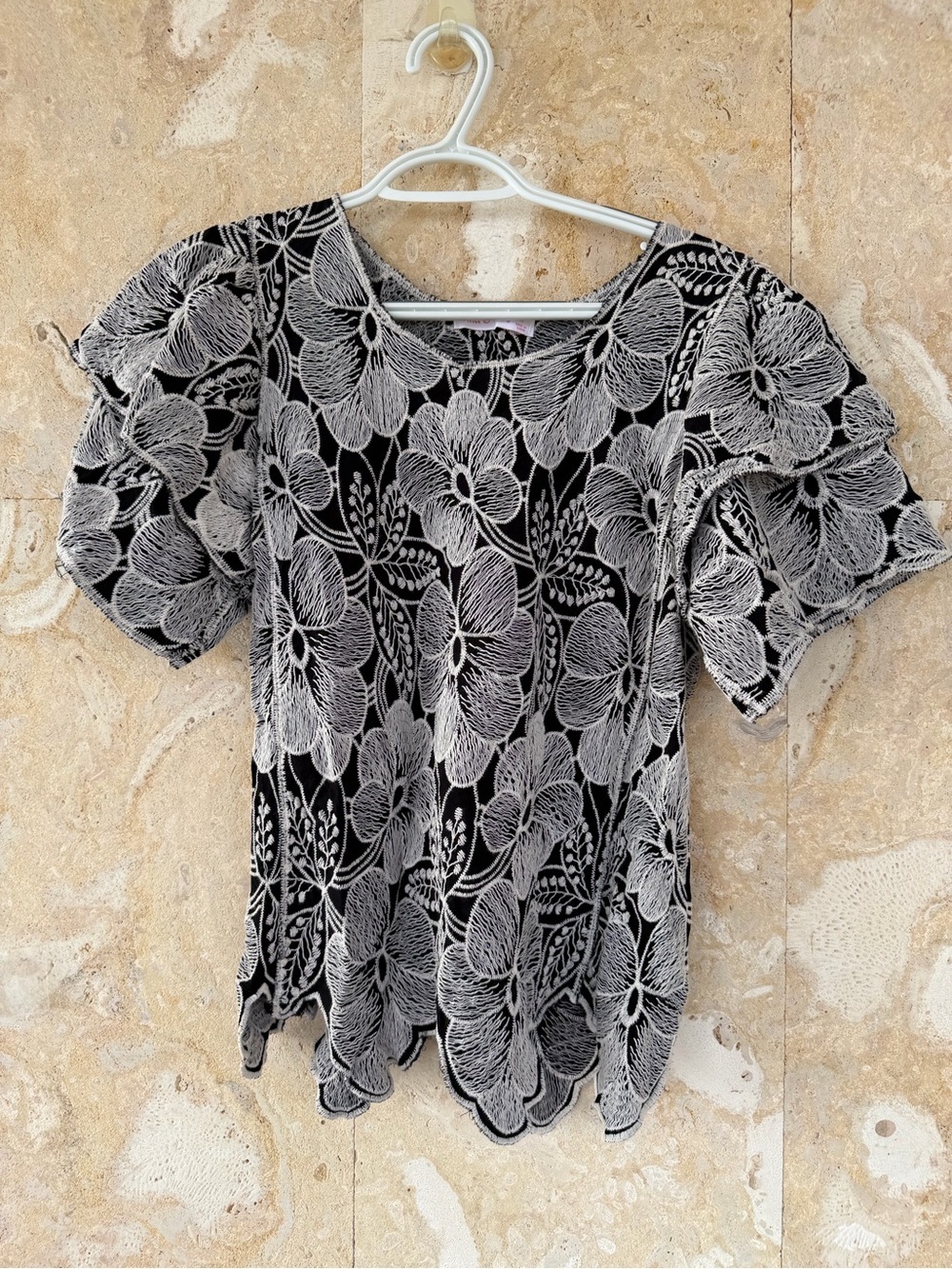 Black Floral Lace Overlay Blouse with Scalloped Hem